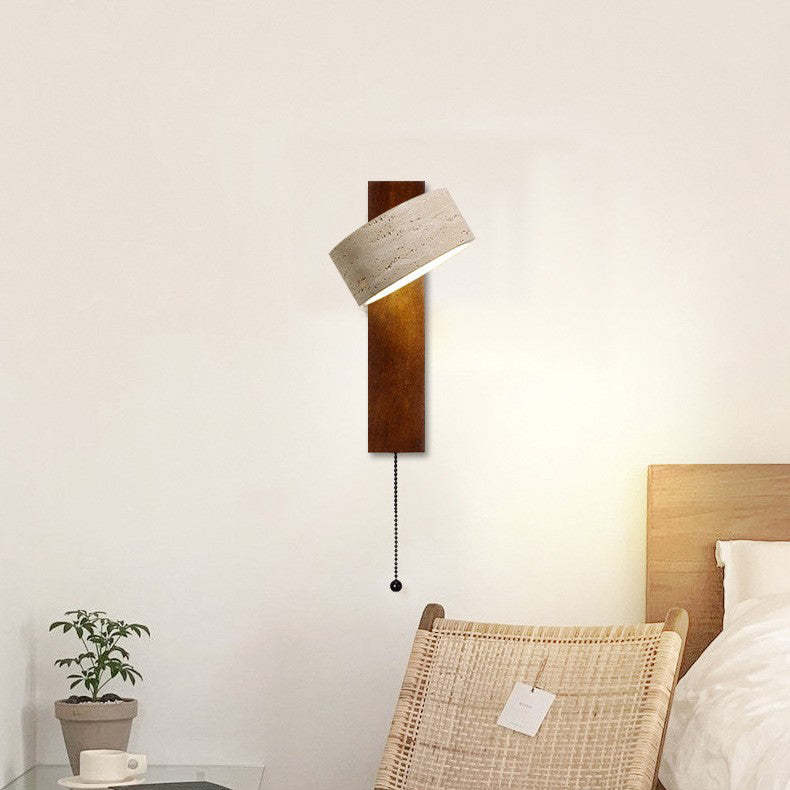 Japanese Rectangle Yellow Travertine Solid Wood Wall Sconce — Walnut Color / Warm Light(3000K) / 110V-120V For US/CA