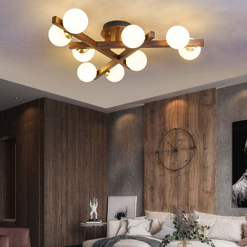 Chinese Wood Ball 3/6/9-Light Ceiling Light — 9 / Wood Color / 220V-240V For UK/AU