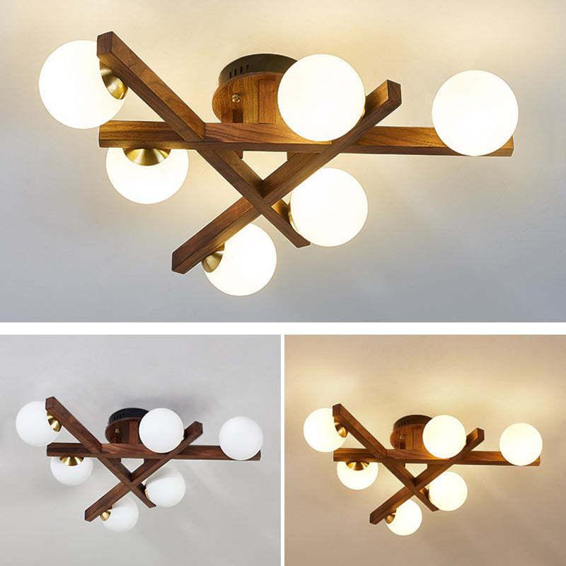 Chinese Wood Ball 3/6/9-Light Ceiling Light — 9 / Wood Color / 110V-120V For US/CA