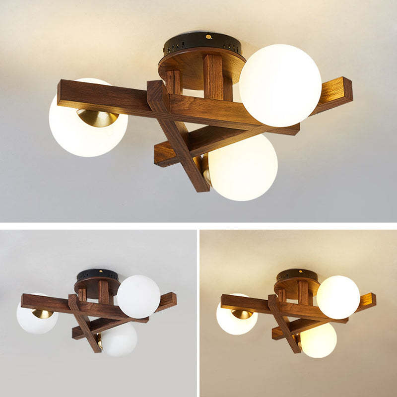 Chinese Wood Ball 3/6/9-Light Ceiling Light — 9 / Walnut Color / 220V-240V For UK/AU