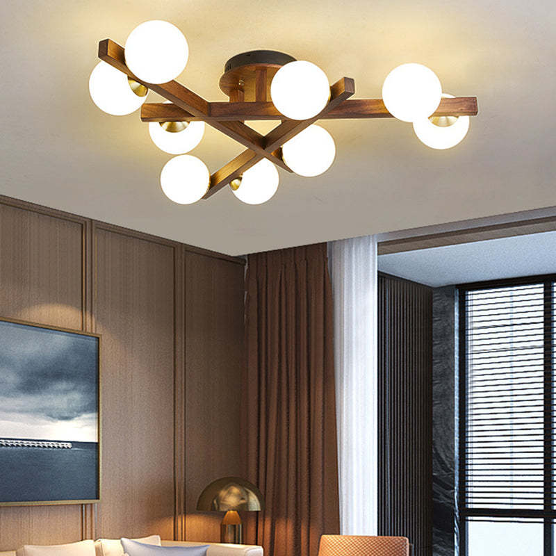 Chinese Wood Ball 3/6/9-Light Ceiling Light — 3 / Walnut Color / 220V-240V For UK/AU