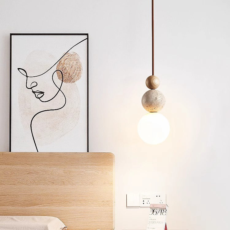 Japanese Multi Orb Wood Travertine Pendant