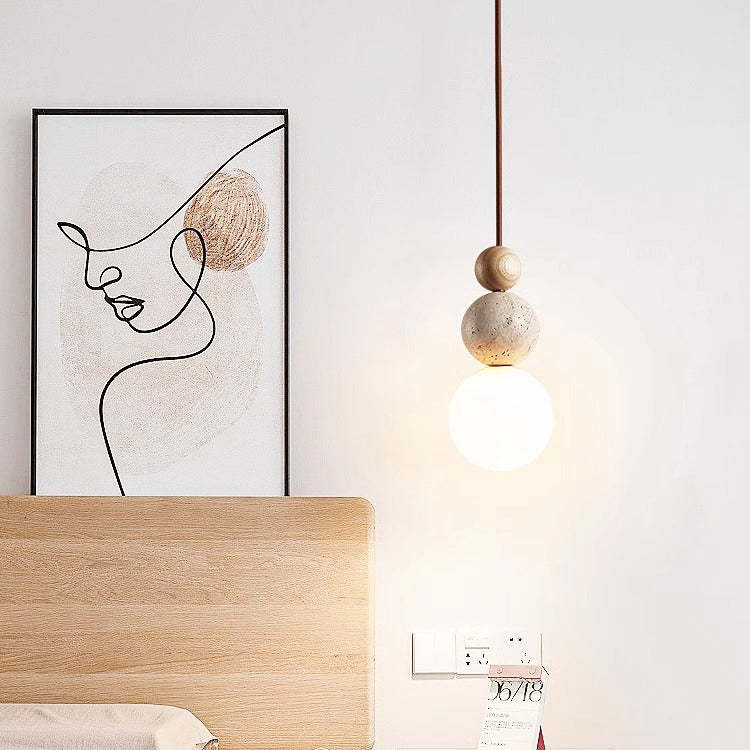 Japanese Multi Orb Wood Travertine Pendant