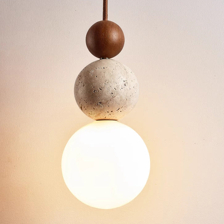 Japanese Multi Orb Wood Travertine Pendant
