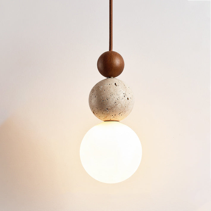 Japanese Multi Orb Wood Travertine Pendant