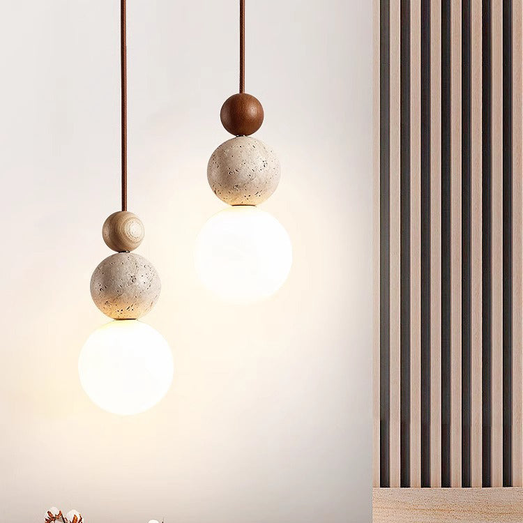 Japanese Multi Orb Wood Travertine Pendant