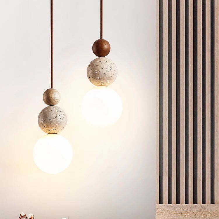 Japanese Multi Orb Wood Travertine Pendant