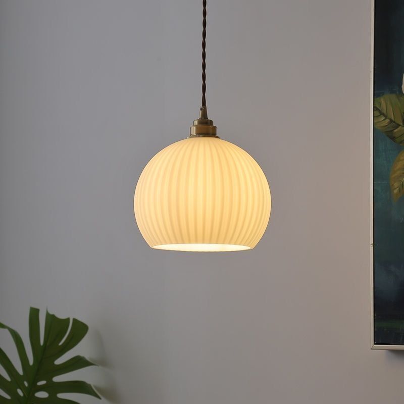 Japanese Globe Striped Glass Iron Pendant Light — Transparent / 110V-120V For US/CA