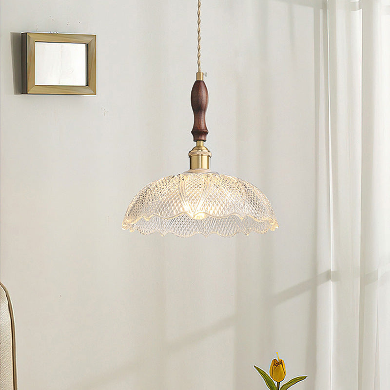 French Flower Petal Glass Wood Aluminum Pendant Light