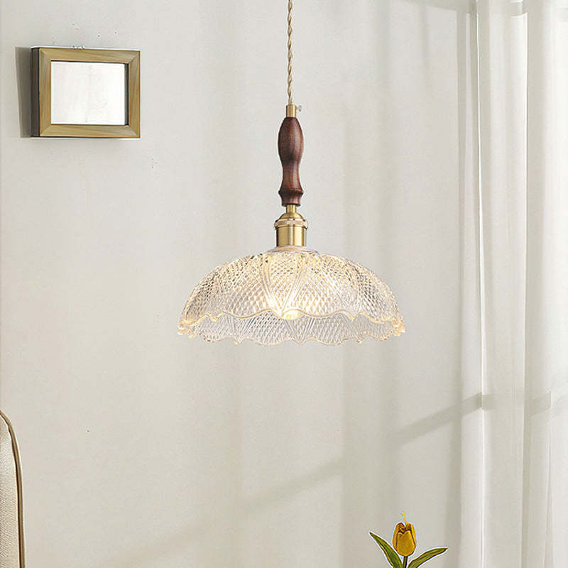 French Flower Petal Glass Wood Aluminum Pendant Light