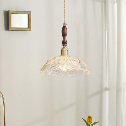 French Flower Petal Glass Wood Aluminum Pendant Light