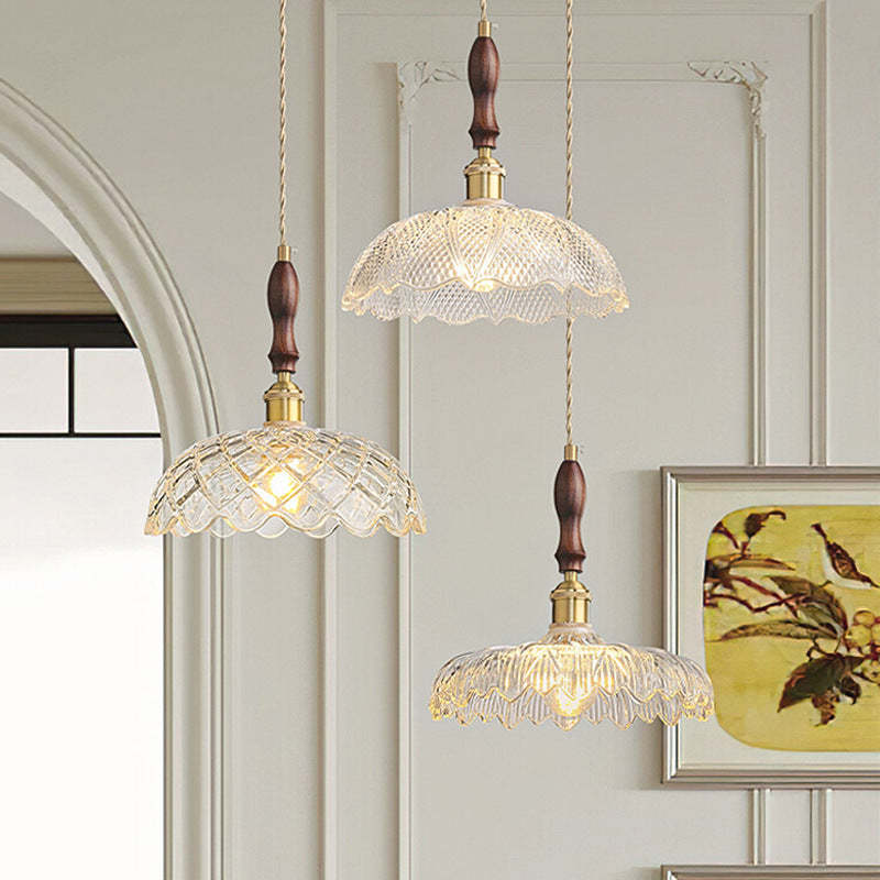 French Flower Petal Glass Wood Aluminum Pendant Light