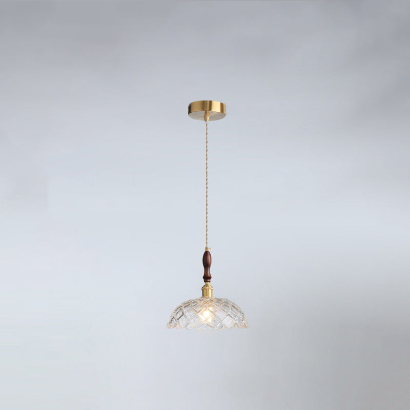French Flower Petal Glass Wood Aluminum Pendant Light