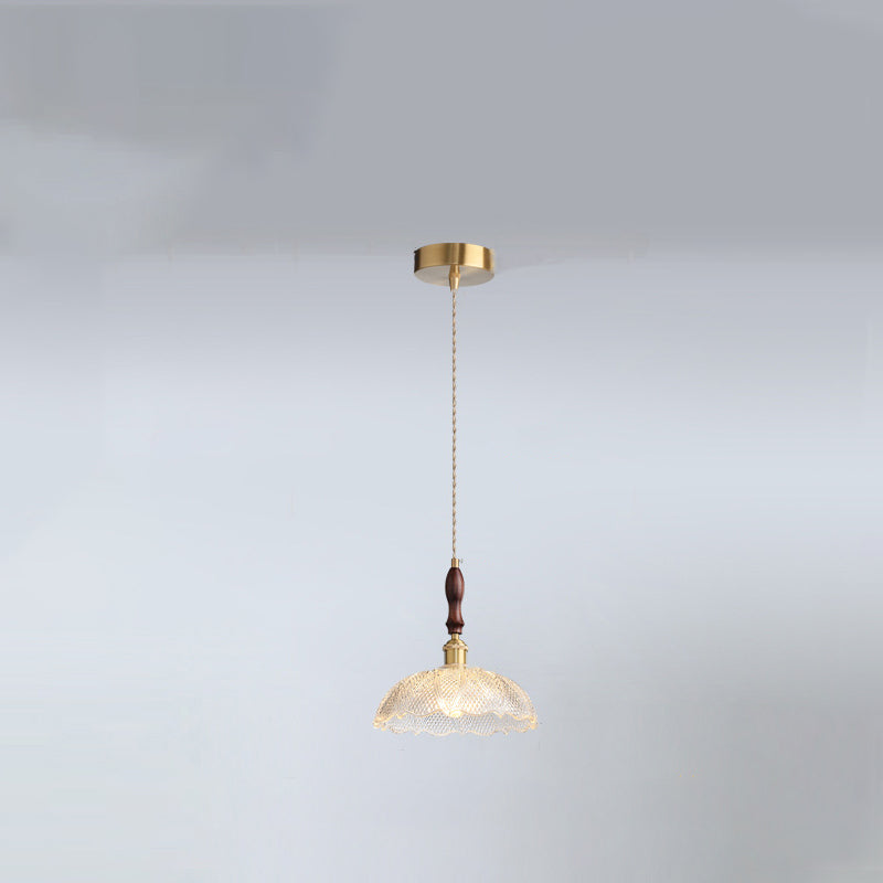 French Flower Petal Glass Wood Aluminum Pendant Light