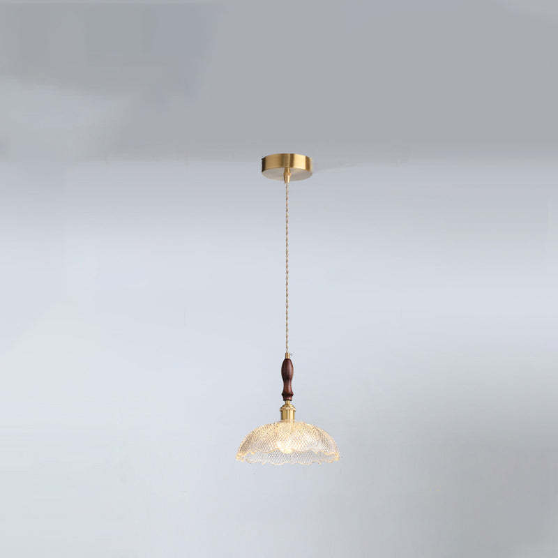 French Flower Petal Glass Wood Aluminum Pendant Light