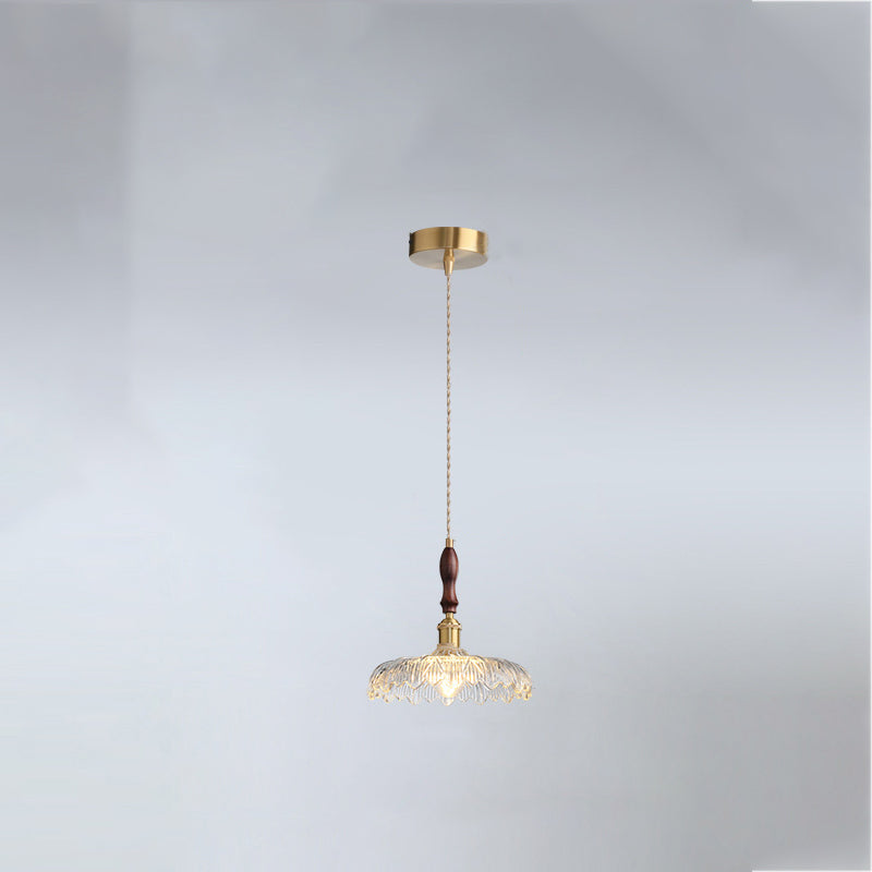 French Flower Petal Glass Wood Aluminum Pendant Light