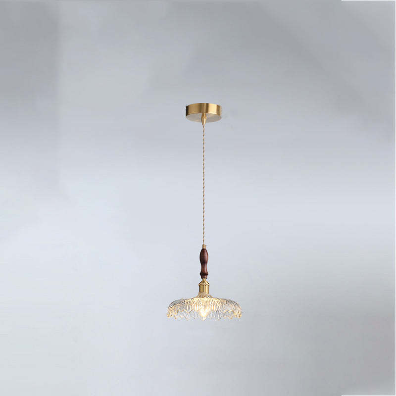 French Flower Petal Glass Wood Aluminum Pendant Light