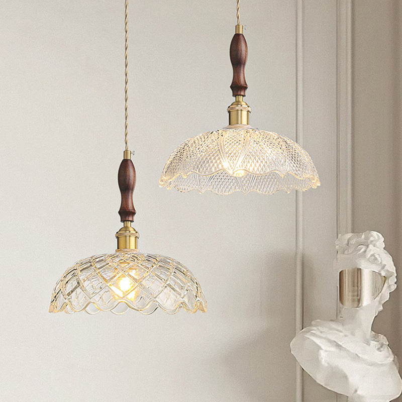 French Flower Petal Glass Wood Aluminum Pendant Light
