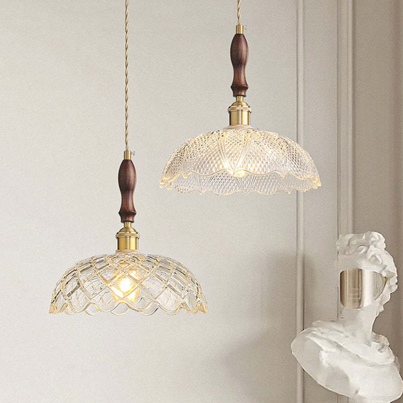French Flower Petal Glass Wood Aluminum Pendant Light
