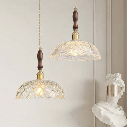 French Flower Petal Glass Wood Aluminum Pendant Light
