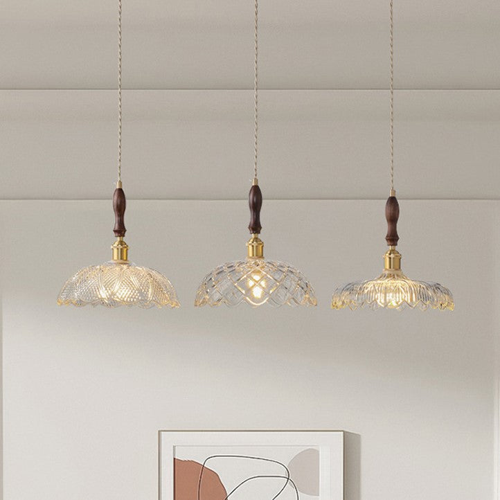French Flower Petal Glass Wood Aluminum Pendant Light