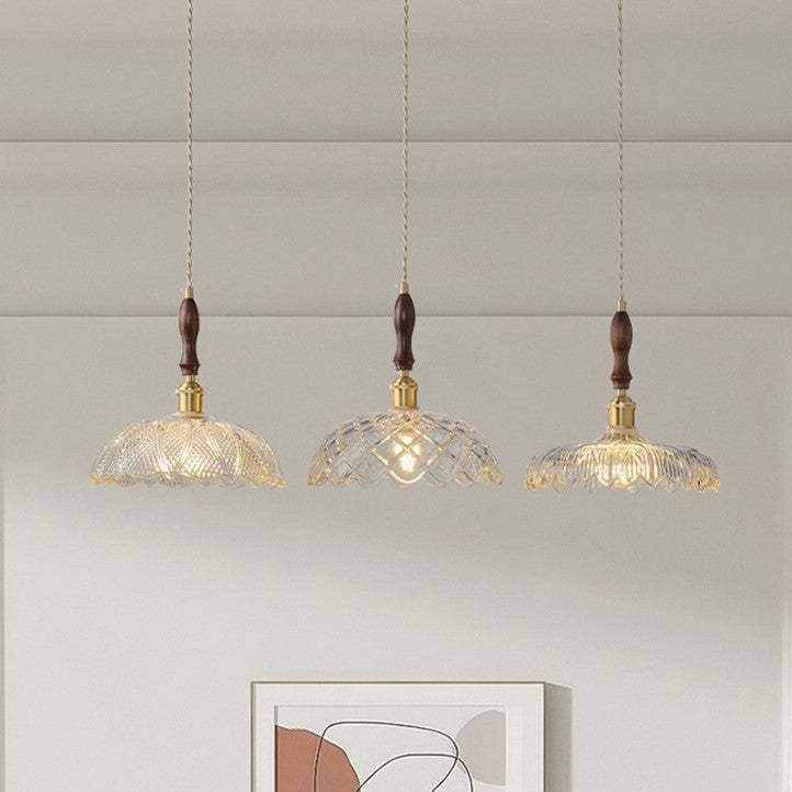French Flower Petal Glass Wood Aluminum Pendant Light