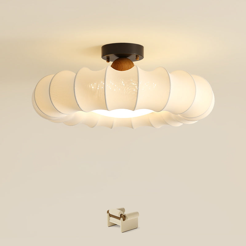 Vintage Silk Iron Wood Circular LED Semi-Flush Ceiling Light
