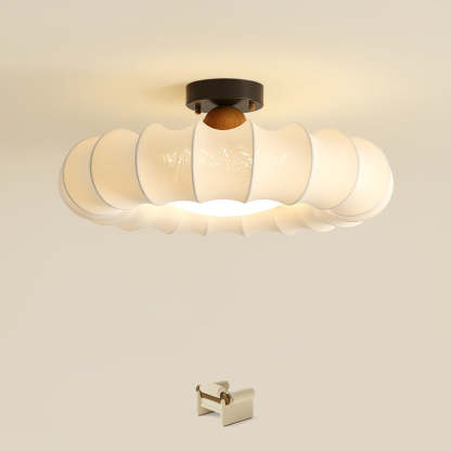 Vintage Silk Iron Wood Circular LED Semi-Flush Ceiling Light