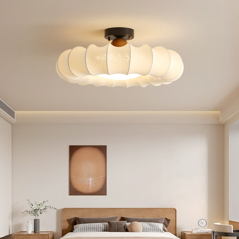 Vintage Silk Iron Wood Circular LED Semi-Flush Ceiling Light