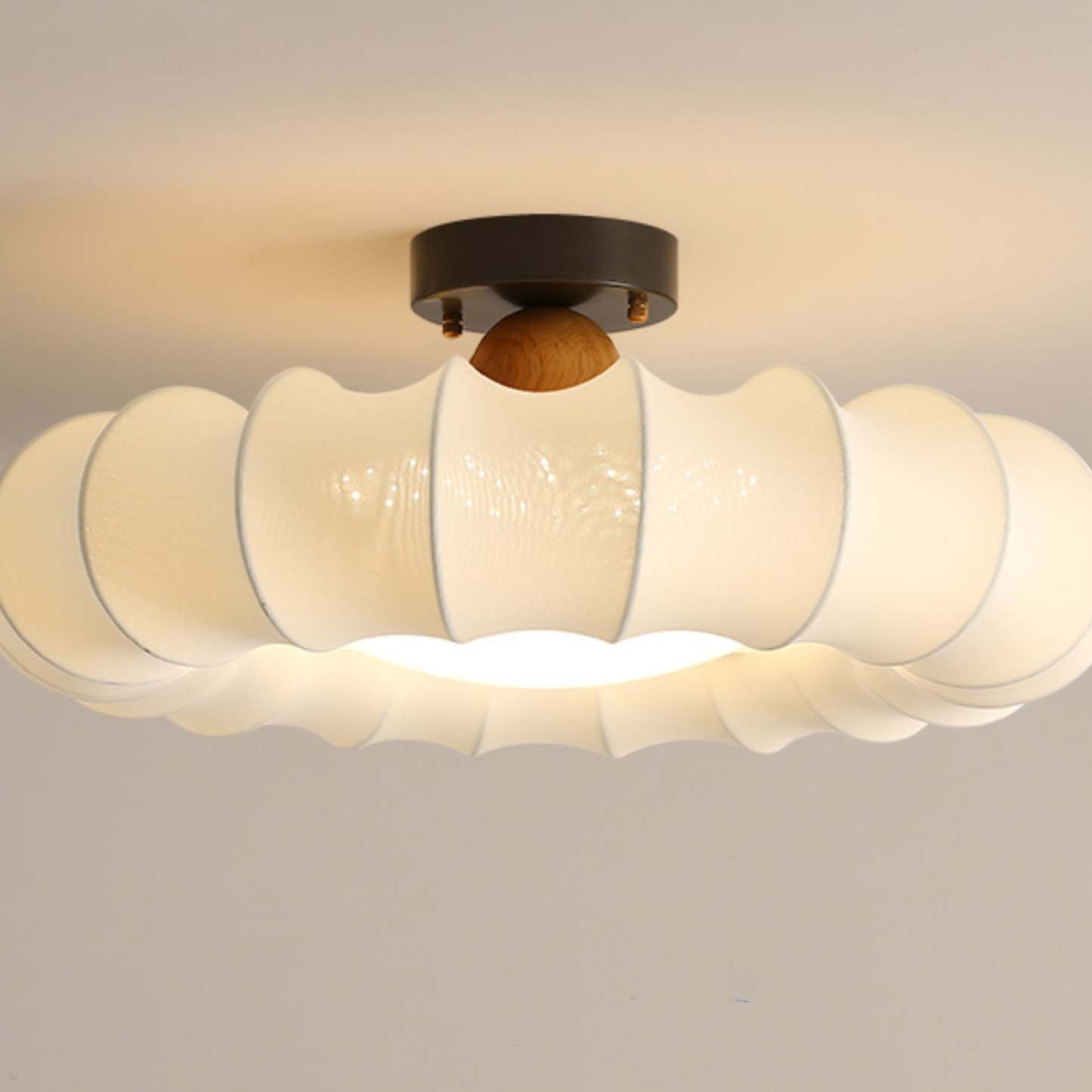 Vintage Silk Iron Wood Circular LED Semi-Flush Ceiling Light