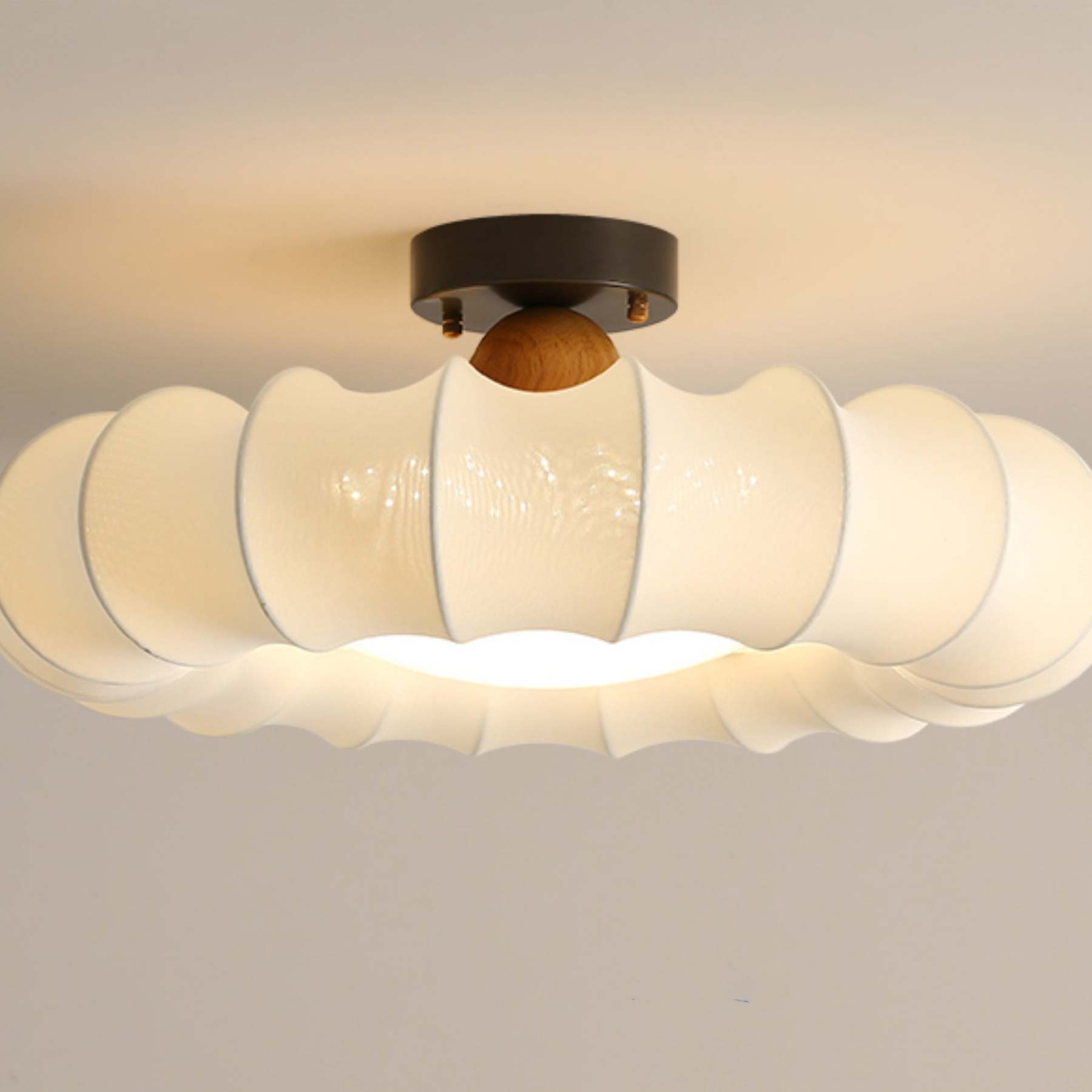 Vintage Silk Iron Wood Circular LED Semi-Flush Ceiling Light