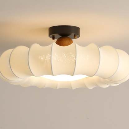 Vintage Silk Iron Wood Circular LED Semi-Flush Ceiling Light