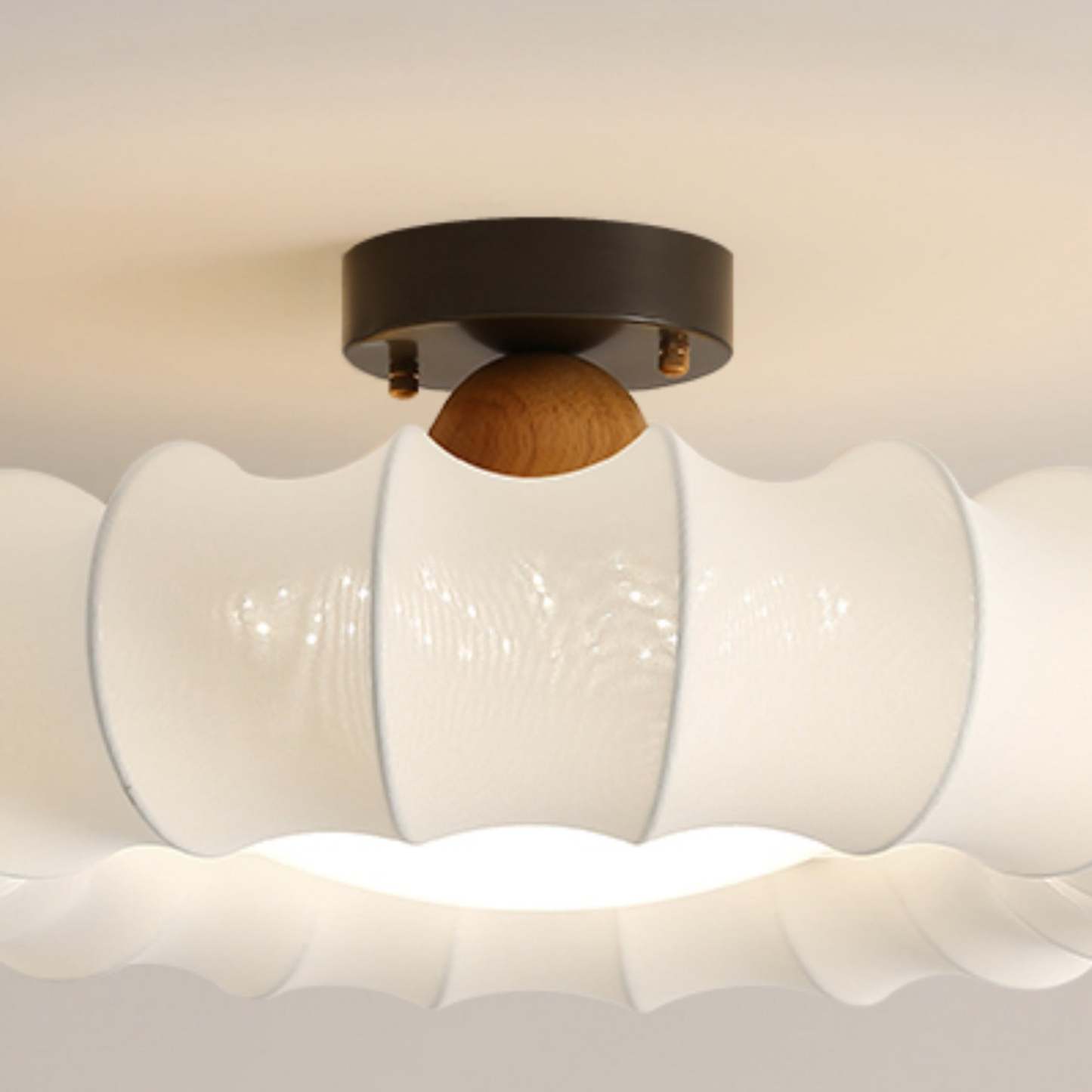 Vintage Silk Iron Wood Circular LED Semi-Flush Ceiling Light