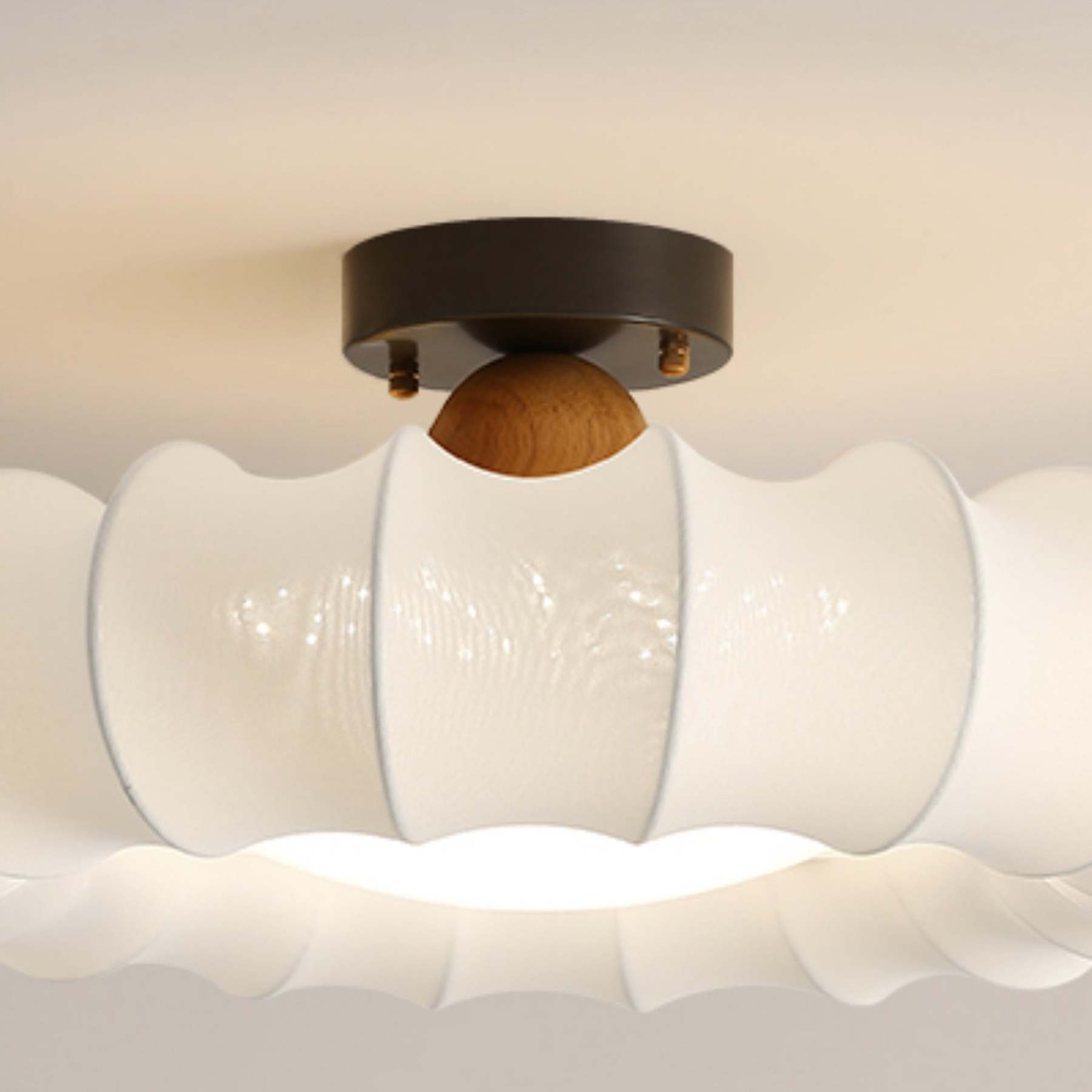 Vintage Silk Iron Wood Circular LED Semi-Flush Ceiling Light