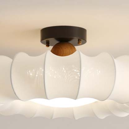 Vintage Silk Iron Wood Circular LED Semi-Flush Ceiling Light