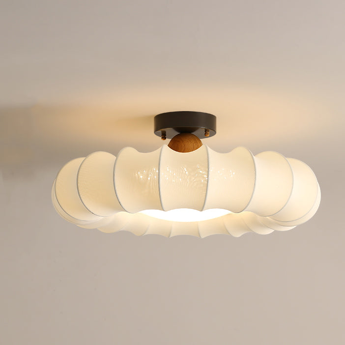 Vintage Silk Iron Wood Circular LED Semi-Flush Ceiling Light