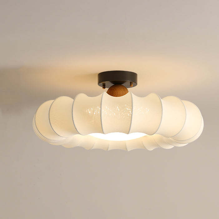 Vintage Silk Iron Wood Circular LED Semi-Flush Ceiling Light