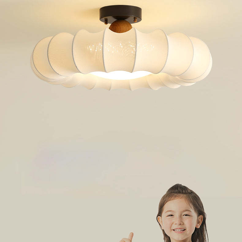 Vintage Silk Iron Wood Circular LED Semi-Flush Ceiling Light