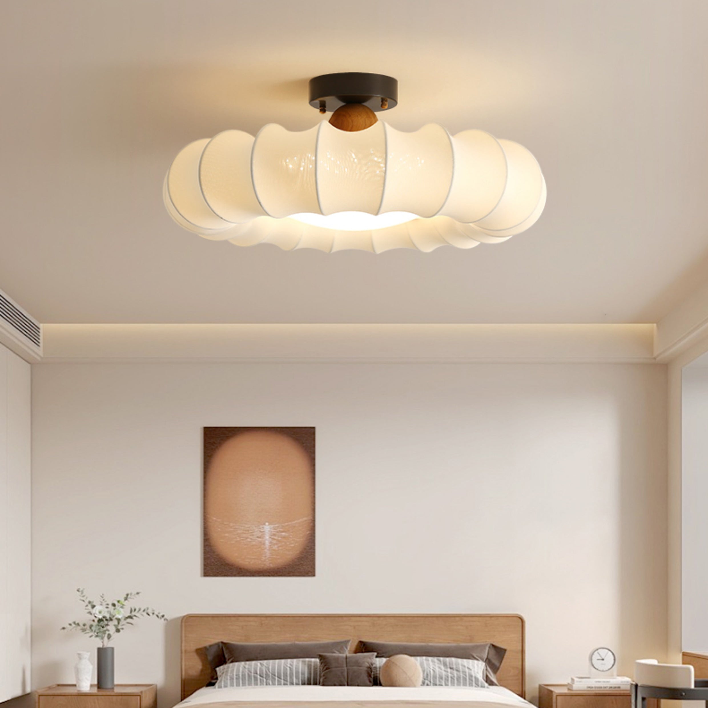 Vintage Silk Iron Wood Circular LED Semi-Flush Ceiling Light