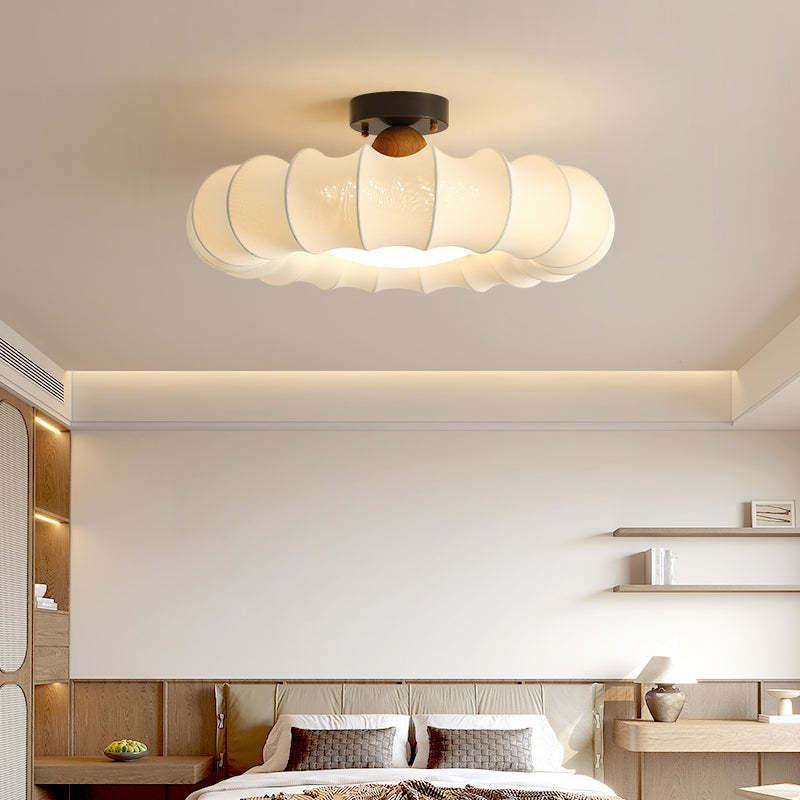 Vintage Silk Iron Wood Circular LED Semi-Flush Ceiling Light — 220V-240V For UK/AU / Warm Light(3000K)