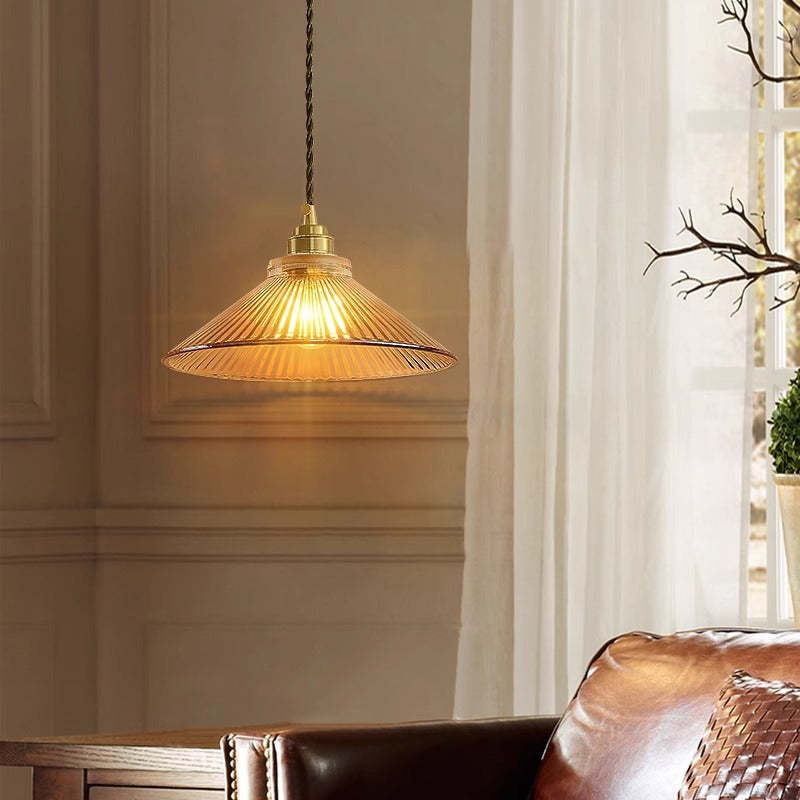 Traditional Rustic Cone Stripe Glass Brass Pendant Light