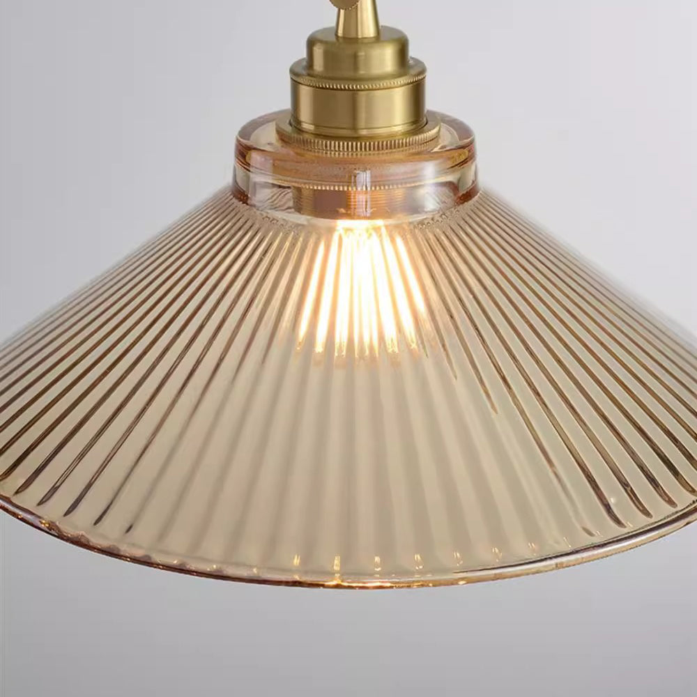 Traditional Rustic Cone Stripe Glass Brass Pendant Light