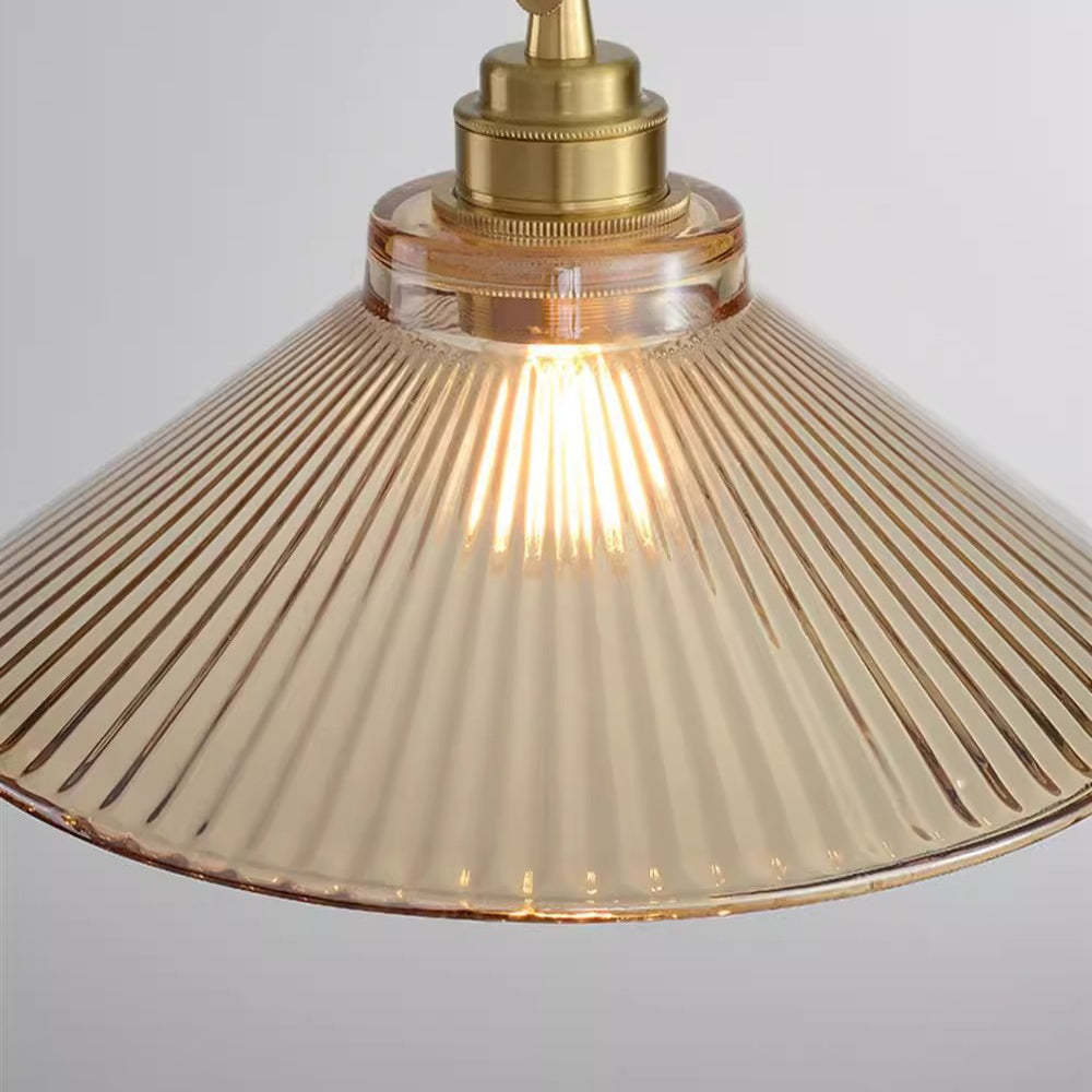 Traditional Rustic Cone Stripe Glass Brass Pendant Light
