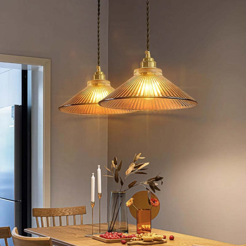 Traditional Rustic Cone Stripe Glass Brass Pendant Light