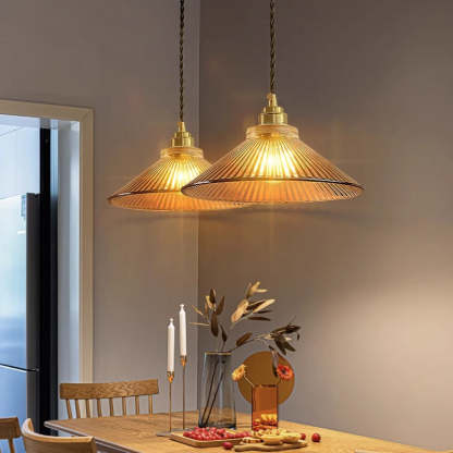 Traditional Rustic Cone Stripe Glass Brass Pendant Light