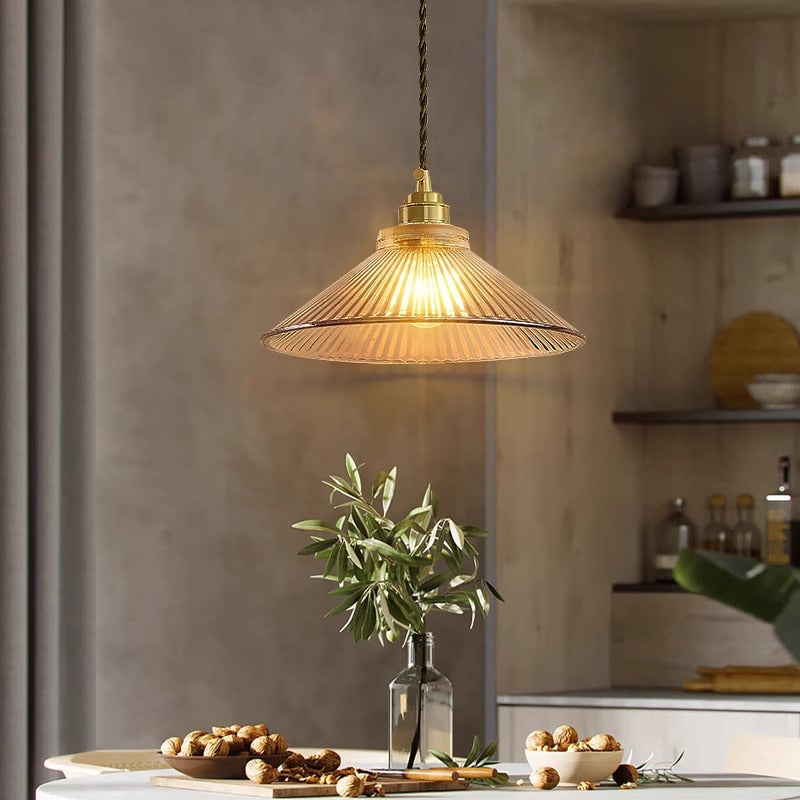 Traditional Rustic Cone Stripe Glass Brass Pendant Light