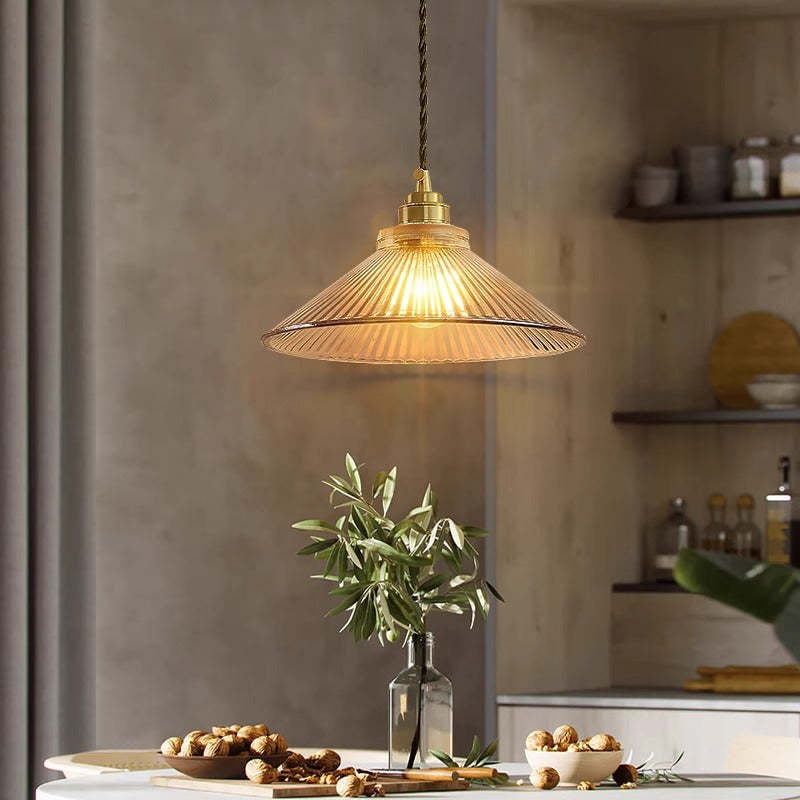 Traditional Rustic Cone Stripe Glass Brass Pendant Light