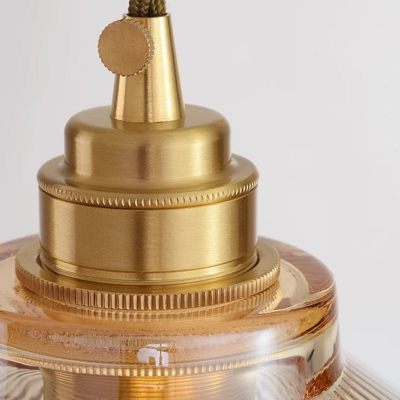 Traditional Rustic Cone Stripe Glass Brass Pendant Light