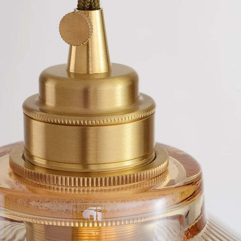 Traditional Rustic Cone Stripe Glass Brass Pendant Light