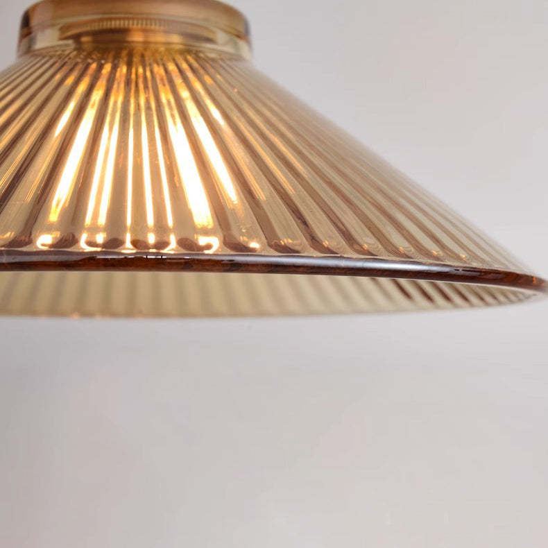 Traditional Rustic Cone Stripe Glass Brass Pendant Light